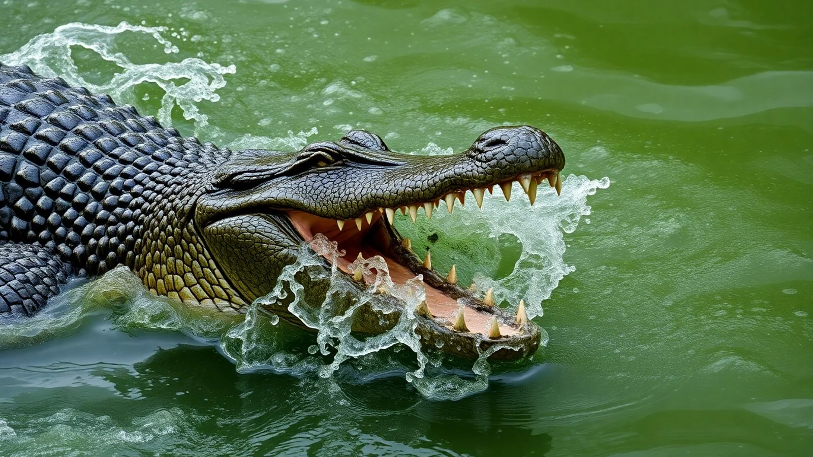 jacare atacando na agua turva